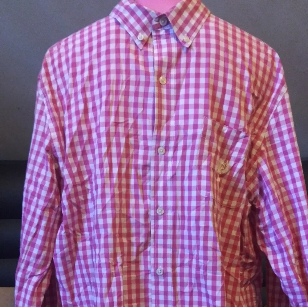 CHAPS Pink & White Buttons Gingham Long Sleeves Shirt XL Easy Care - Picture 1 of 11